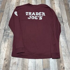 Trader Joes Crew Mens XL Burgundy Employee Graphic T Shirt Cotton Long Sleeves
